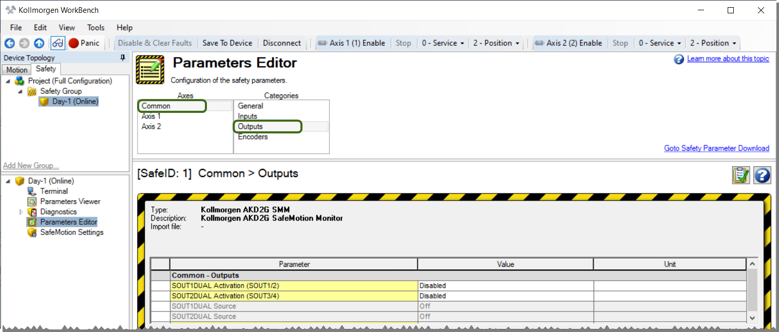 Cropped capture of the Parameters Editor with the Common and Outputs options selected